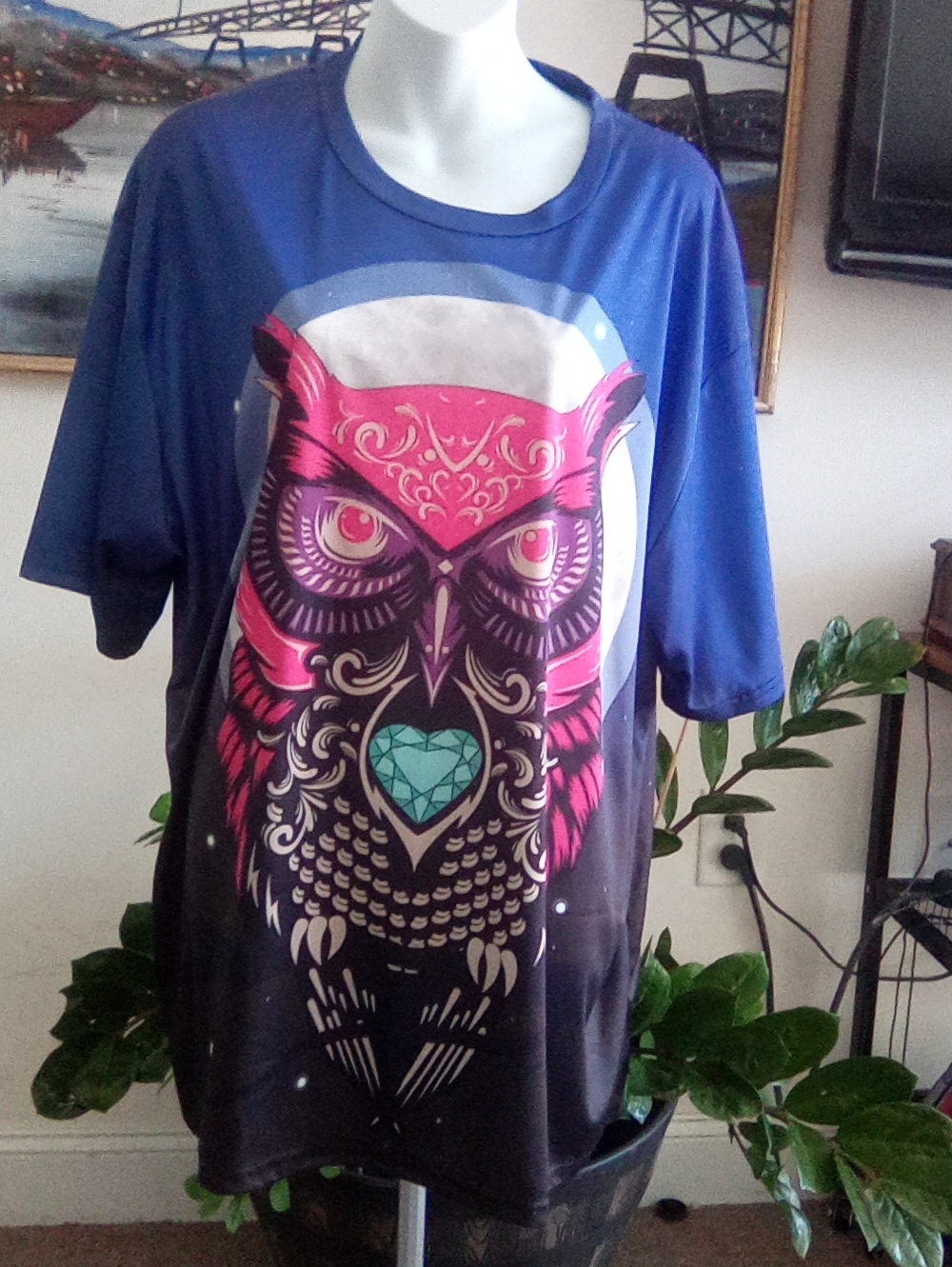Colorful Owl with Jewel Heart Tee Stretchy 4XL P2P 26" L 32"